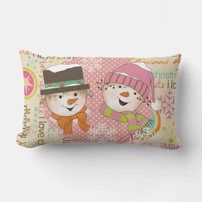 Snowmen Couple Dots und Typografie Holiday Pillow Lendenkissen (Vorderseite)