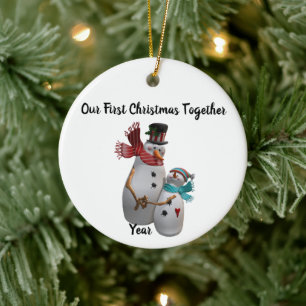 Snowmen couple hugging winter snowmen personalized keramik ornament