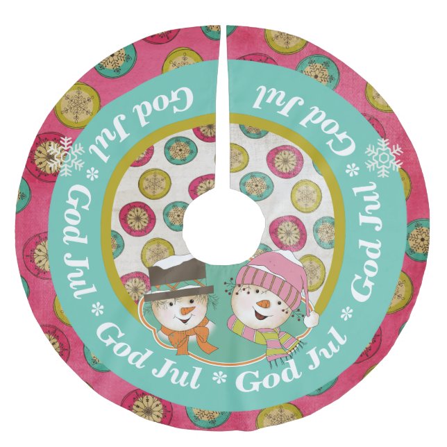 Snowmen God Jul Holiday Tree Skirt Polyester Weihnachtsbaumdecke (Vorderseite)