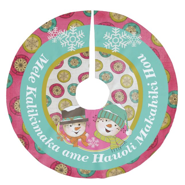 Snowmen Hawaiian Merry Christmas Tree Skirt Polyester Weihnachtsbaumdecke (Vorderseite)