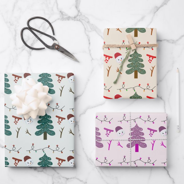 Snowmen Holiday Lichter Weihnachtsbaumen Weihnacht Geschenkpapier Set (Vorderseite)