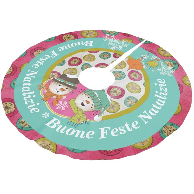 Snowmen Italienisch frohe Weihnachtsbaumrock Polyester Weihnachtsbaumdecke (Schrägansicht)