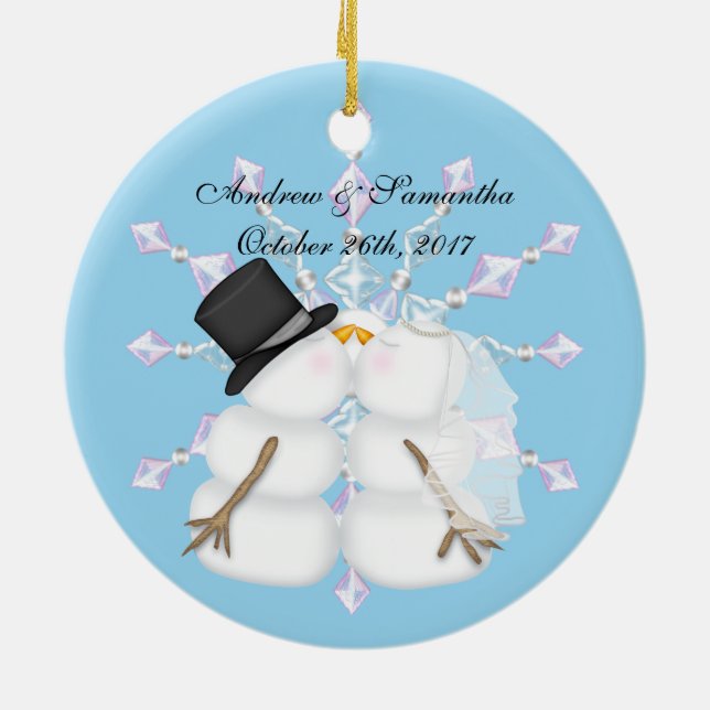 Snowmen küssen Verheiratet Unsere ersten Weihnacht Keramikornament (Hinten)