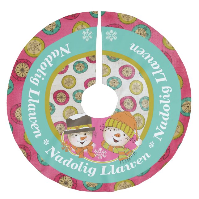 Snowmen Nadolig Llawen Holiday Tree Skirt Polyester Weihnachtsbaumdecke (Vorderseite)