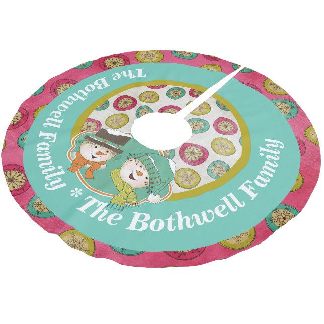 Snowmen Orbs und Schneeflocken Holiday Tree Skirt Polyester Weihnachtsbaumdecke (Schrägansicht)