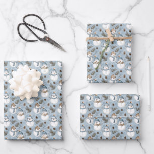 Snowmen & Pinecones auf Snowy Blue Geschenkpapier Set