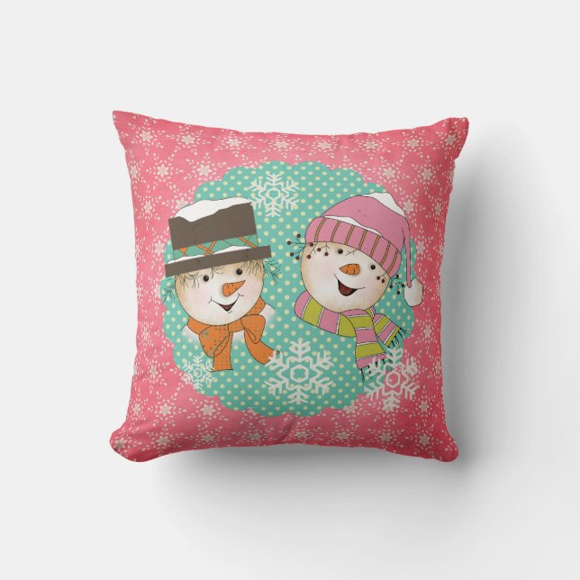 Snowmen Pink und Blue Holiday Pillow Kissen (Vorderseite)