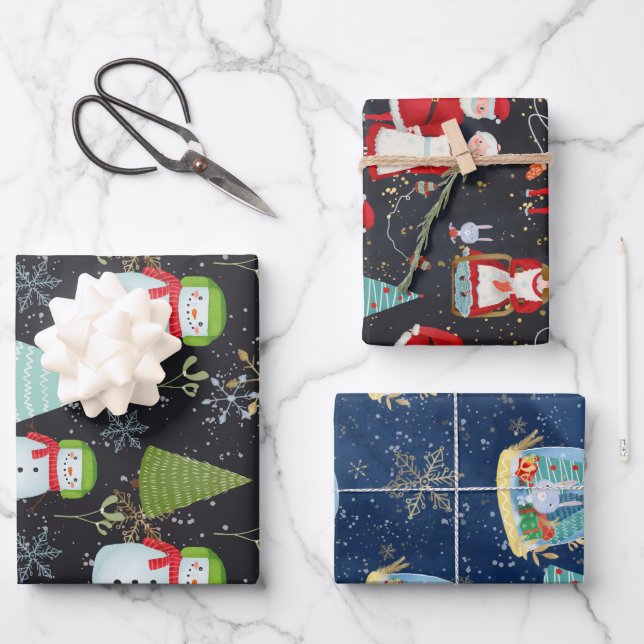 Snowmen Santa Snow Globe Weihnachtsfeiertag Muster Geschenkpapier Set (Vorderseite)