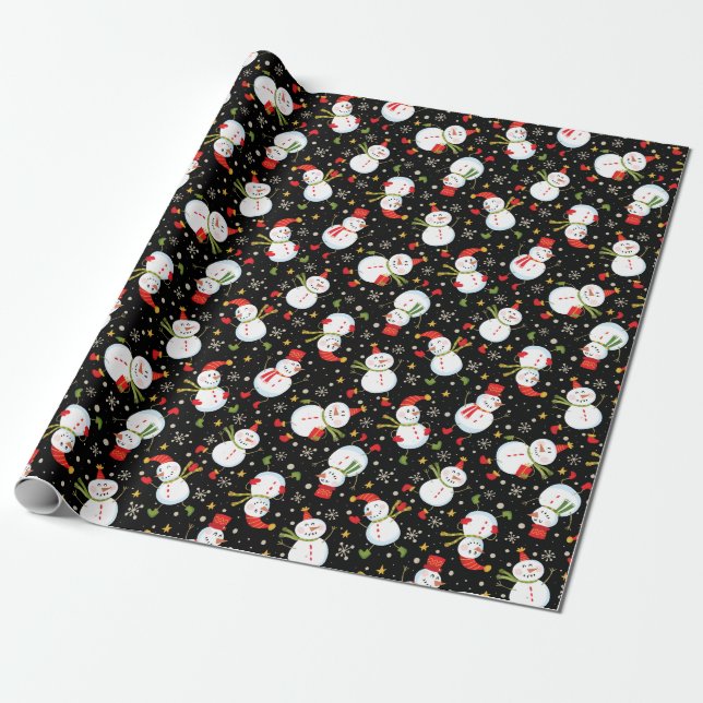 Snowmen Scatter Black Wrapping Paper Geschenkpapier (Ungerollt)