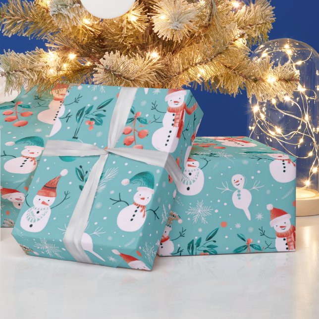 Snowmen Schneeflocken Holly Verlasst Grüne Weihnac Geschenkpapier (Feiertage)