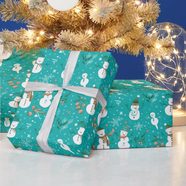 Snowmen Schneeflocken Holly Verlasst Grüne Weihnac Geschenkpapier (Feiertage)