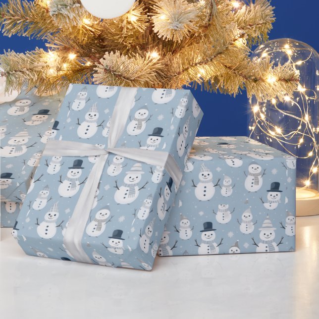 Snowmen Snowflakes Blue Modern Weihnachten Geschenkpapier (Feiertage)