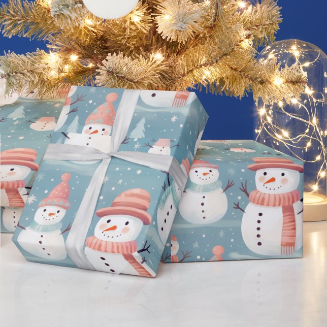 Snowmen Snowflakes Blue Modern Weihnachten Geschenkpapier (Feiertage)