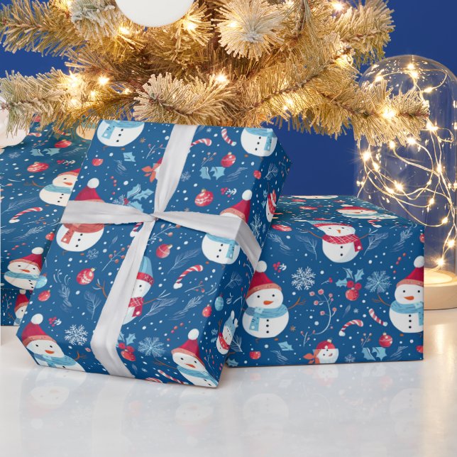 Snowmen Snowflakes Candy Canes Blauer Weihnachten Geschenkpapier (Feiertage)