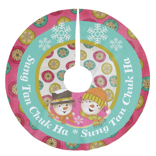 Snowmen Sung Tan Chuk Ha Holiday Tree Skirt Polyester Weihnachtsbaumdecke (Vorderseite)