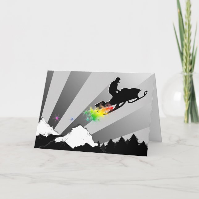 Snowmobile. Regenbogen Feiertagskarte (Vorderseite)