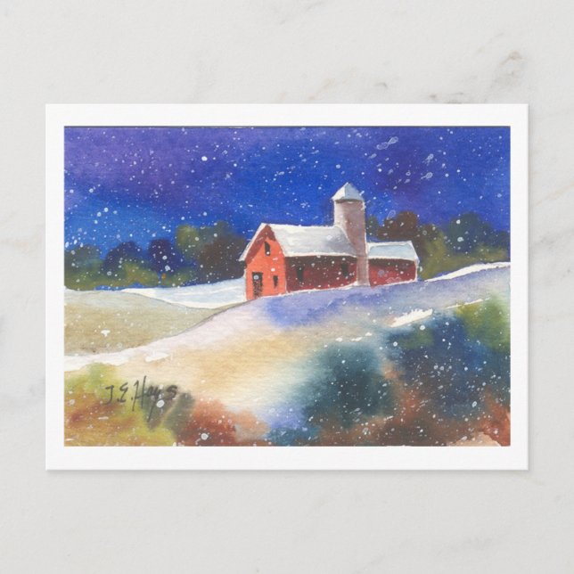 Snowy Abend Barns Postkarte (Vorderseite)