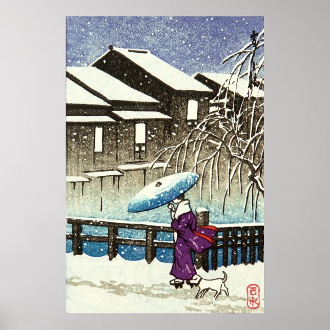 Snowy Abend Kawase Hasui 1930er Poster (Vorne)