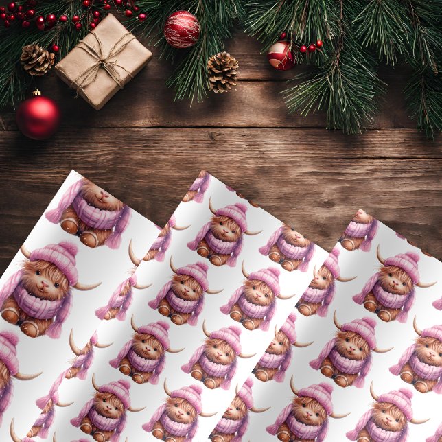 Snowy Adventure Pink Highland Cow Wrapping Paper Geschenkpapier Set (Von Creator hochgeladen)