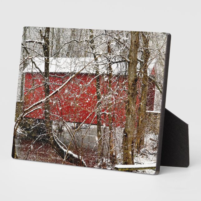 Snowy Ashland Red Covered Bridge in Delaware Fotoplatte (Seite)