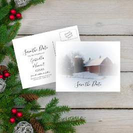 Snowy Barn und Silo Winter Wedding Save the Date Ankündigungspostkarte