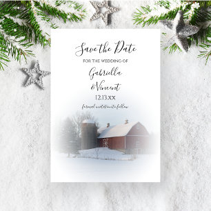 Snowy Barn und Silo Winter Wedding Save the Date Einladung