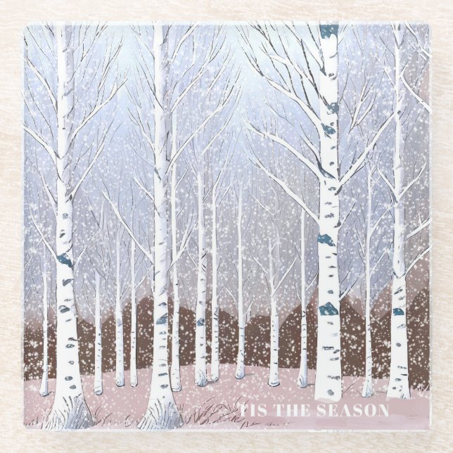 Snowy Birch Trees Christmas Dusty Blue ID1003 Glasuntersetzer (Vorderseite)