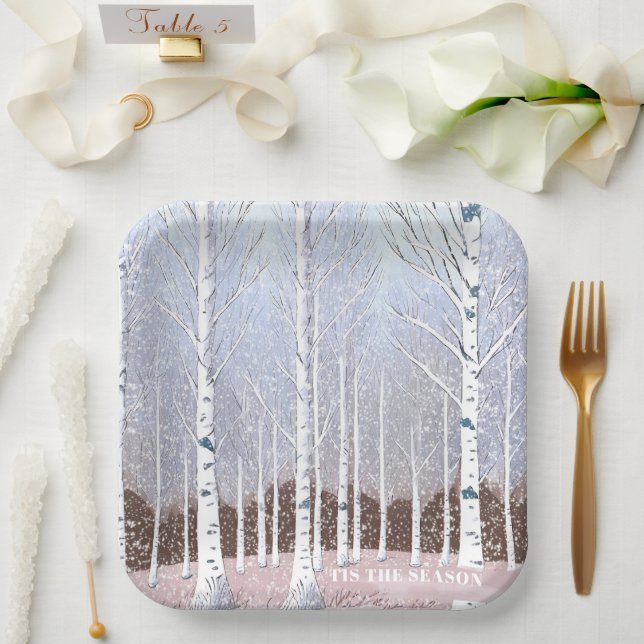 Snowy Birch Trees Christmas Dusty Blue ID1003 Pappteller (Hochzeit)