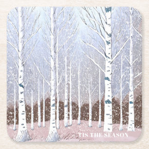 Snowy Birch Trees Christmas Dusty Blue ID1003 Rechteckiger Pappuntersetzer