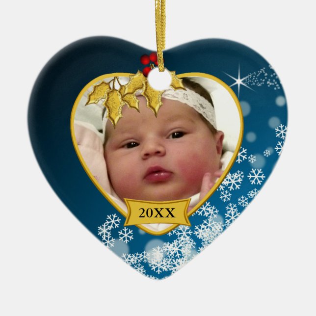 Snowy Blue and Gold Baby's 1. Weihnachtsjause Foto Keramik Ornament (Vorne)