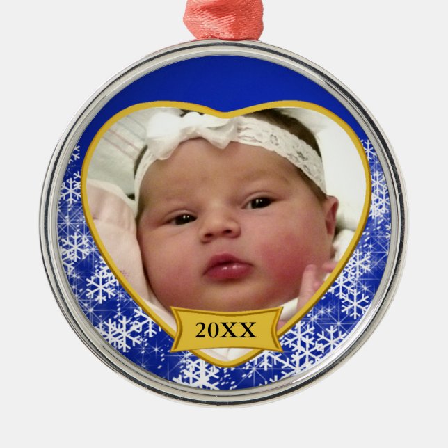 Snowy Blue Baby's Foto Herbst Weihnachten Ornament Aus Metall (Vorne)