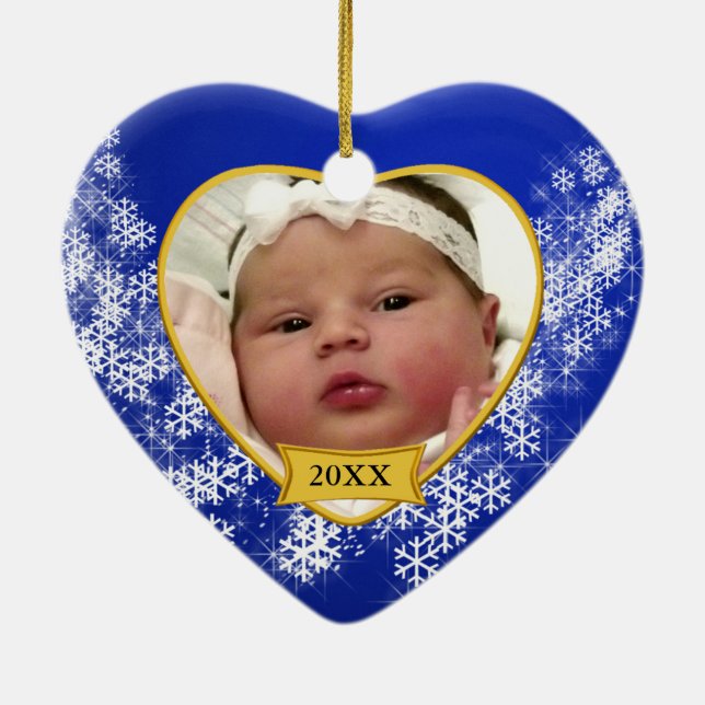 Snowy Blue Baby's Foto Weihnachten Keramik Ornament (Hinten)