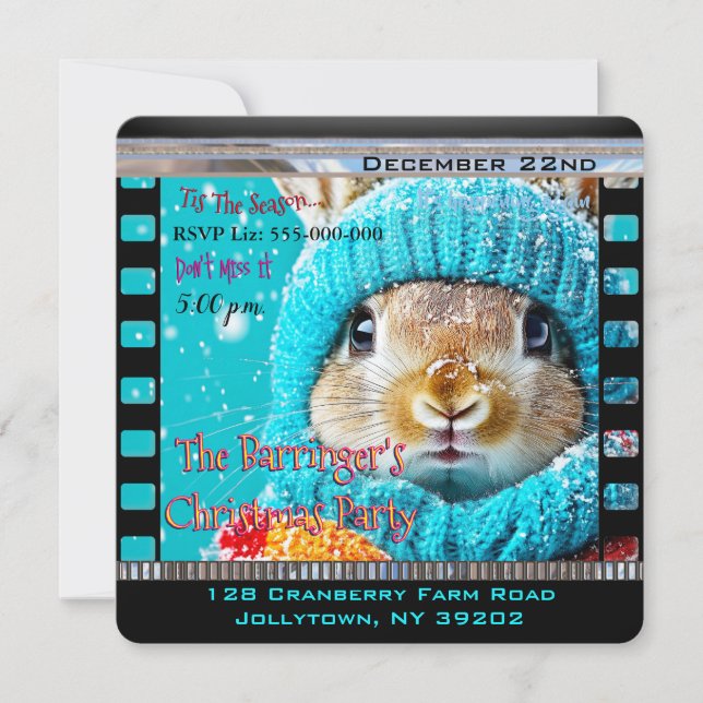 Snowy Blue Bunny Christmas Party Einladung (Vorderseite)