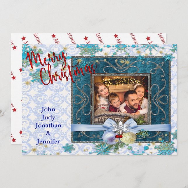 Snowy Blue Christmas Picture Frame Feiertagskarte (Vorne/Hinten)