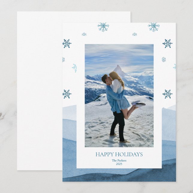 Snowy Blue Holiday Photo Card Einladung (Vorne/Hinten)