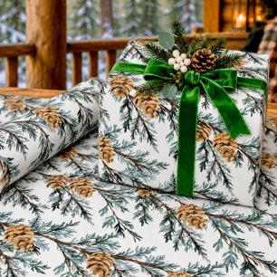 Snowy Blue Juniper Tree Branch & Pine Tree Cones W Geschenkpapier