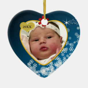 Snowy Blue Red Bow Baby's 1st Christmas Heart Keramik Ornament