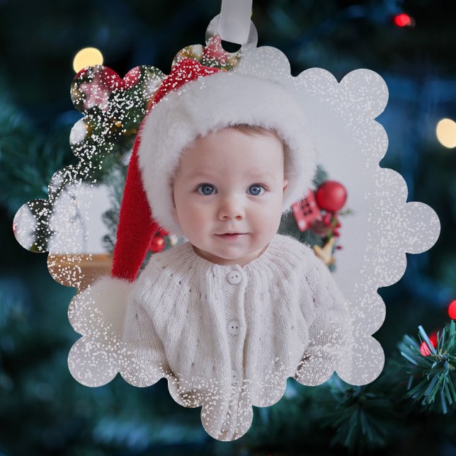 Snowy border simple one photo red Merry Christmas Ornament Karte (Von Creator hochgeladen)