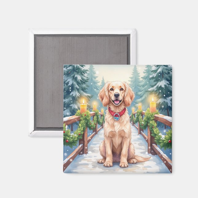Snowy Bridge Boykin Spaniel Christmas Art Magnet (Vorderseite/Rückseite)