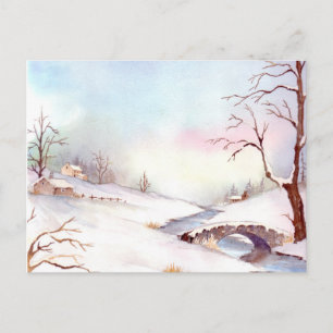 Snowy Bridge Wasserfarbe Landschaftsbild Malerei Postkarte