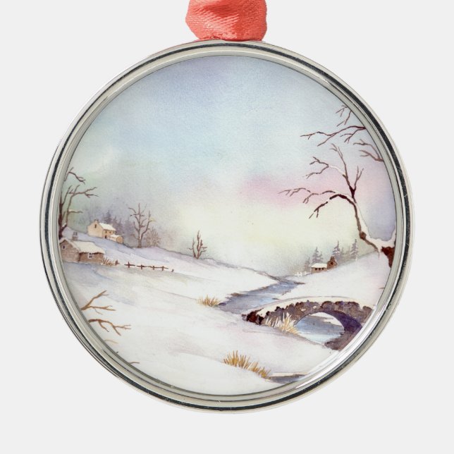 Snowy Bridge Wasserfarbe Landschaftsbild Malerei Silbernes Ornament (Vorne)