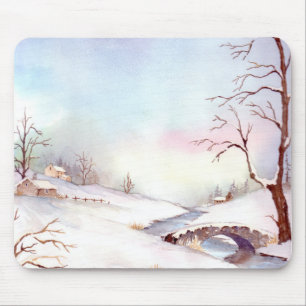 Snowy Bridge Wasserfarbenes Landschaftsbild Mousepad
