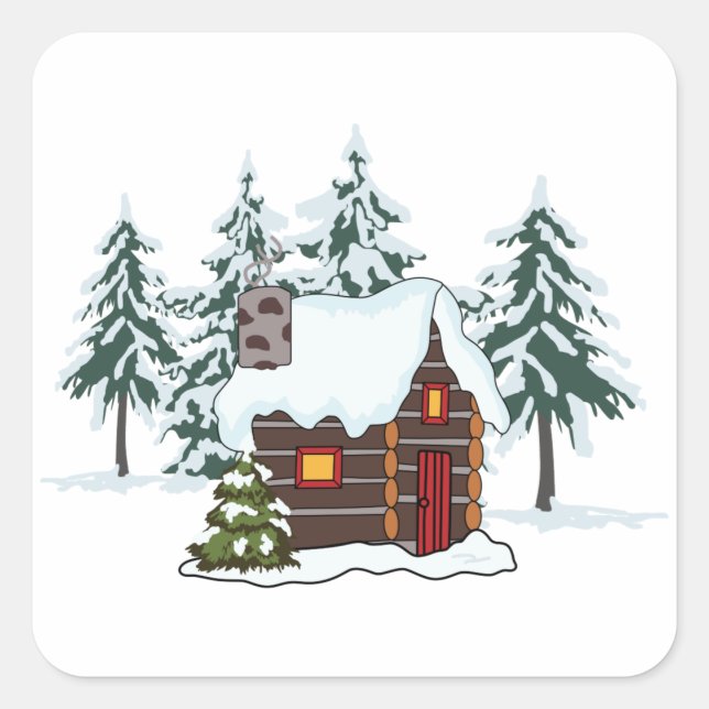 Snowy Cabin Scene Quadratischer Aufkleber (Vorderseite)