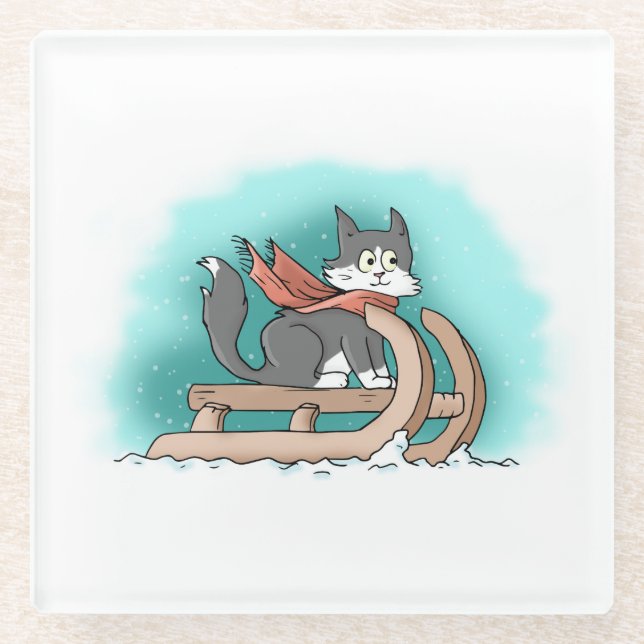 Snowy Cartoon Cat on Sled with Scarf Glasuntersetzer (Vorderseite)