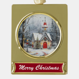 Snowy Chapel Glow Banner-Ornament Gold