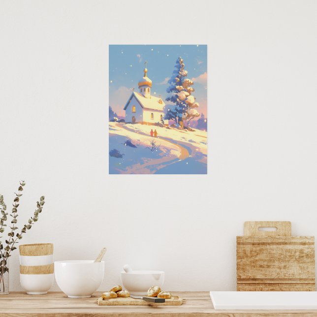 Snowy Christmas Church Scene Poster (Küche)