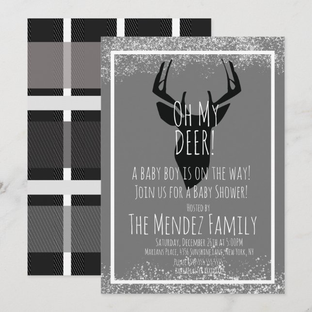 Snowy Christmas Deer Kariert Baby Dusche Einladung (Vorne/Hinten)