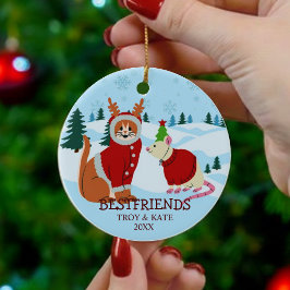 Snowy Christmas Friends – Cat and Rat Holiday Keramik Ornament