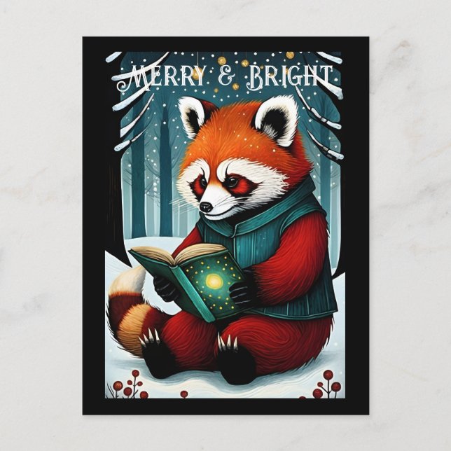 Snowy Christmas Red Panda Reading Book Postcard Postkarte (Vorderseite)