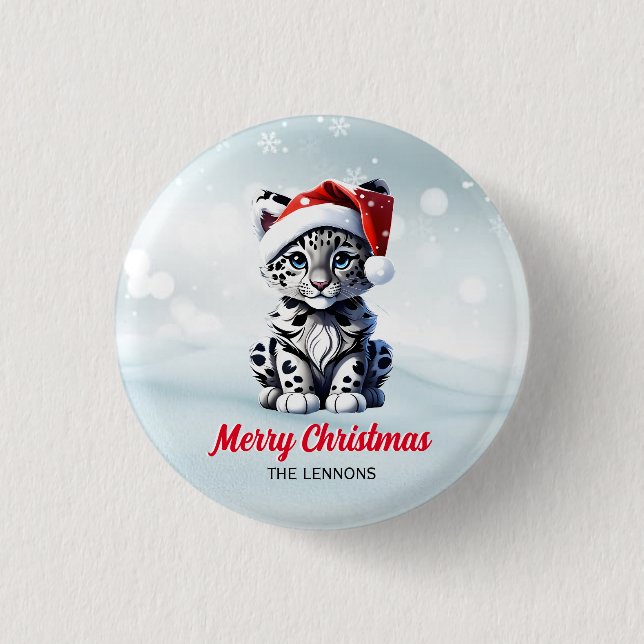 Snowy Christmas Santa Niedlich Snow Leopard Cub Button (Vorderseite)